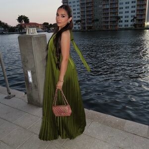 Satin Pleated Green Maxi dress
